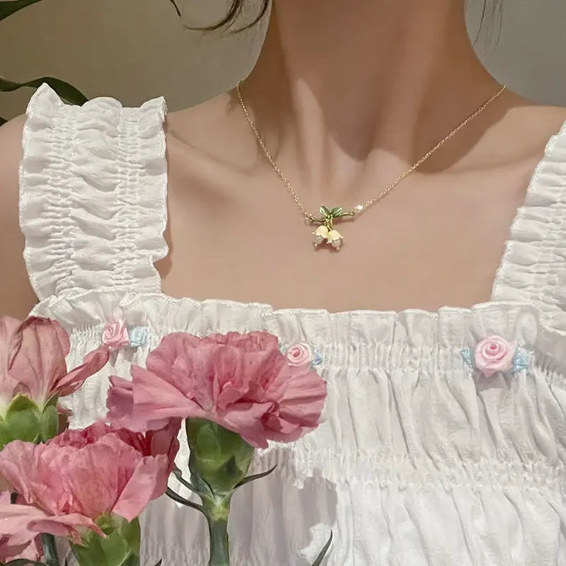 White Lily Of The Valley Bracelet Earrings Necklace Set Super Fairy Stud Earrings Girls Clavicle Chain Flower Jewelry Gifts