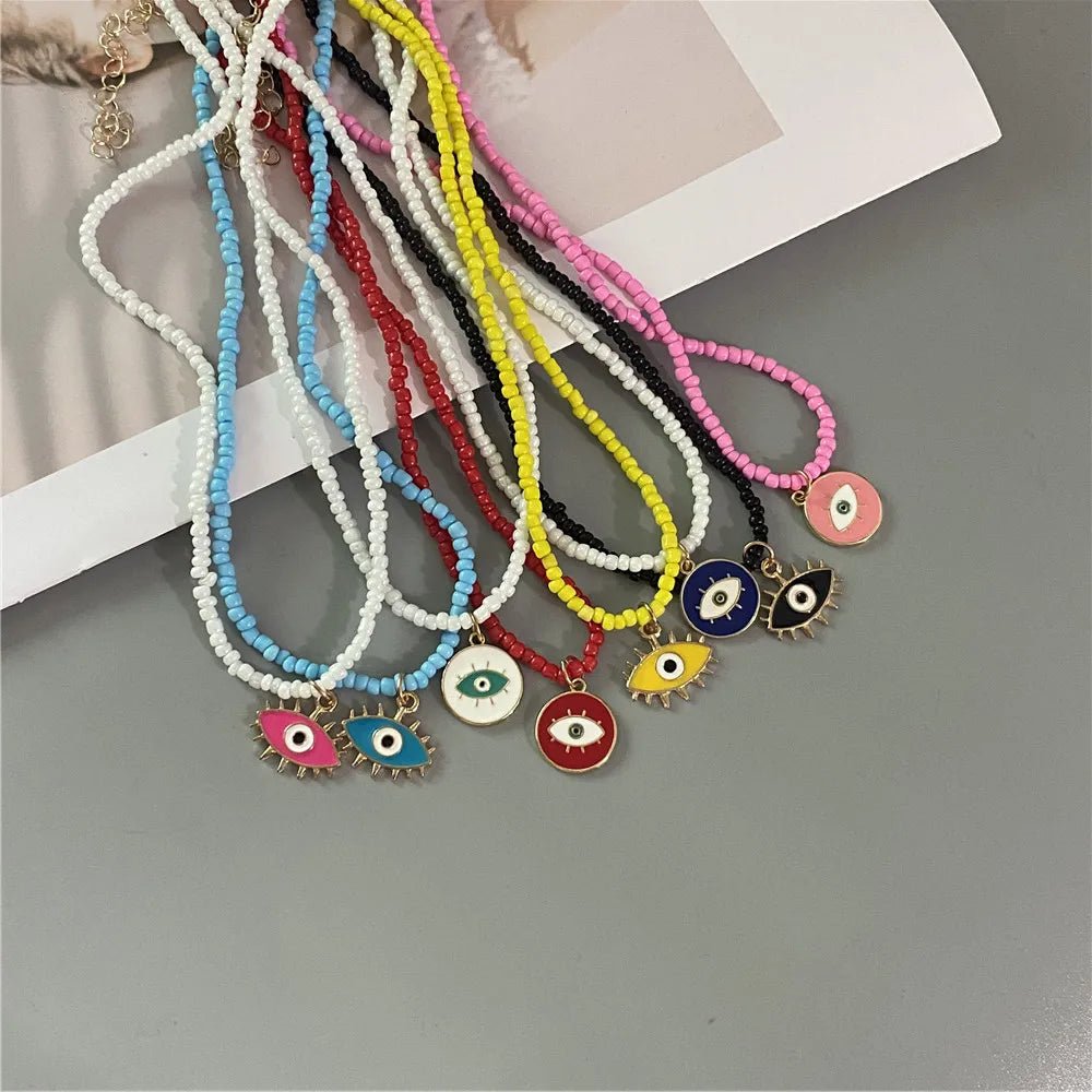 Lucky Handmade Necklace Popular Turkeky Eye Pendant Choker Colorful Rice Beadds Neck Jewelry
