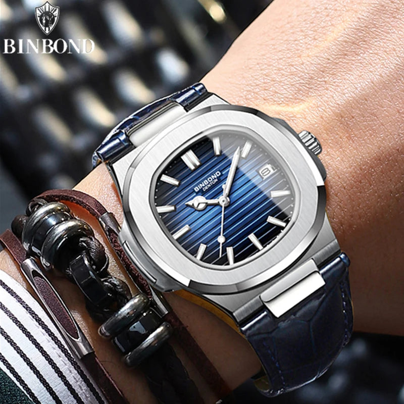 BINBOND Top Luxury Square Man Watch Date Waterproof Luminous Watch High Quality Leather Quartz Men's Watches Relogio Masculino