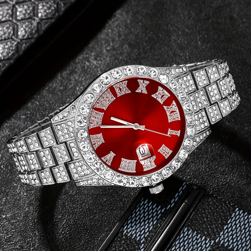 4Pcs/Set Personalized Handsome Hip Hop Men's Quartz Watch Set, 1Pcs Watch+3Pcs Jewelry Set, Fashionable Men's Selected Watch Set