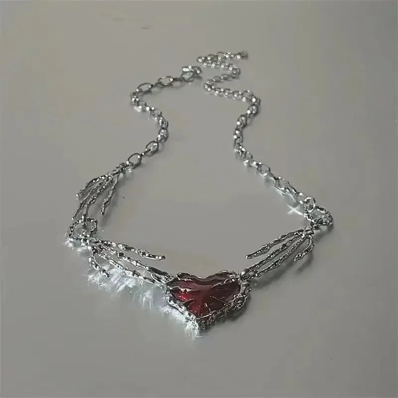 New Red Love Heart Pendant Necklace Women Exaggerated Clavicle Chain Niche Design Hand Bone Shape Charm Chain