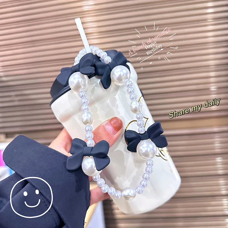 1pc Charm Bowknot Mobile Phone Chains For Women Girls Telephone Charm Strap Pink Black Acrylic Pearl Beaded Lanyard Jewelry Gift