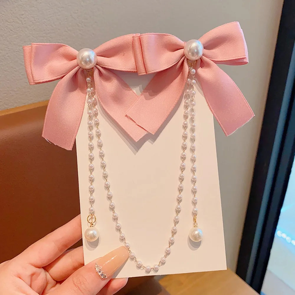 Sweet Princess Style Pink Pearls Chain Bow Hair Clip Women Children's Cute Back Head Hairpins Hair Clips Girls Hair Accessories
