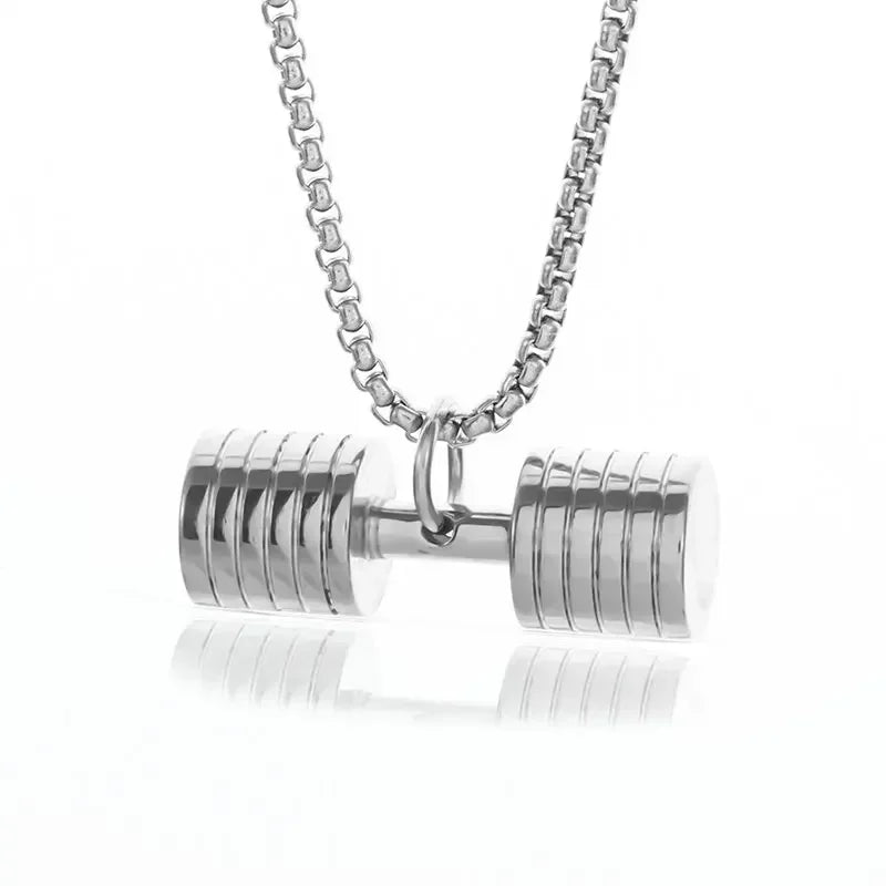 Cool Titanium Steel Dumbbell Pendant Necklace Barbell Fitness Pendant Men and Women Leisure Sports Punk Jewelry