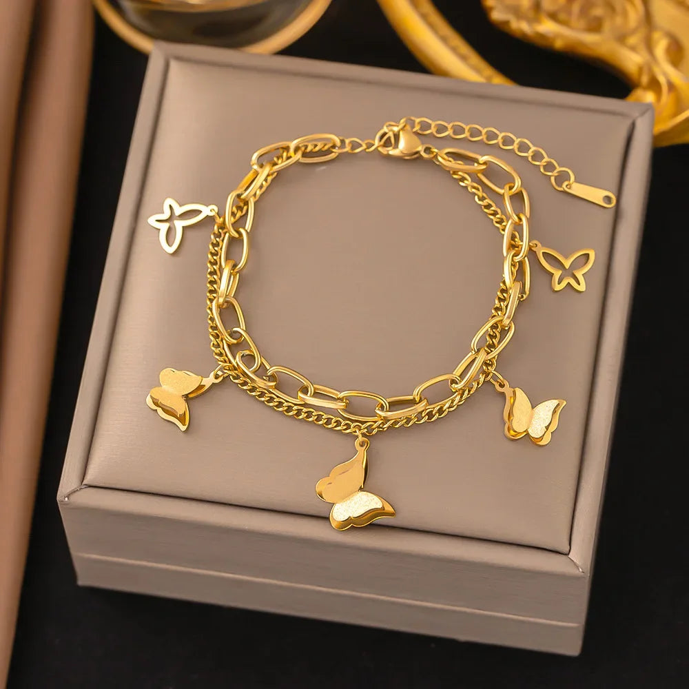 Stainless Steel Double Layer Butterfly Bracelet For Women Girls Gold Color Non-fading Hand Chain New Trendy Party Jewelry Gifts
