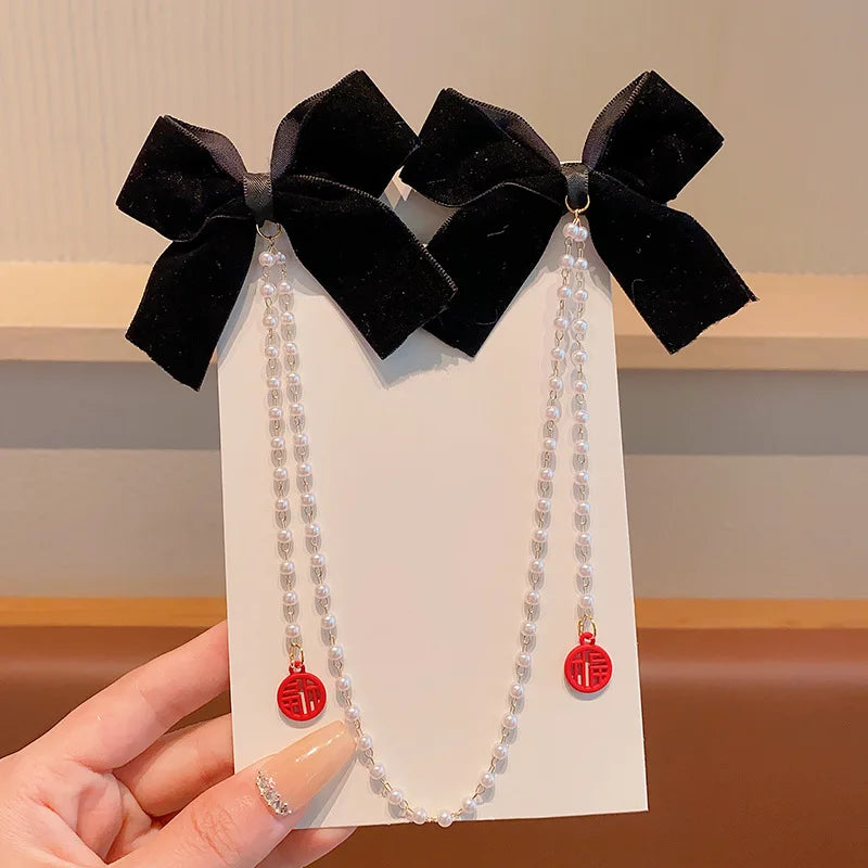 Sweet Princess Style Pink Pearls Chain Bow Hair Clip Women Children's Cute Back Head Hairpins Hair Clips Girls Hair Accessories