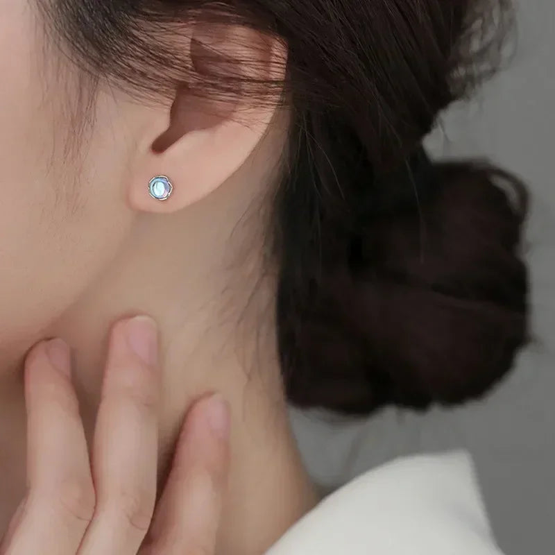 Mini Moonstone Small Round Stud Earrings for Women Simple Design Luxury Aurora Personality Exquisite Girls Charm Jewelry Gift