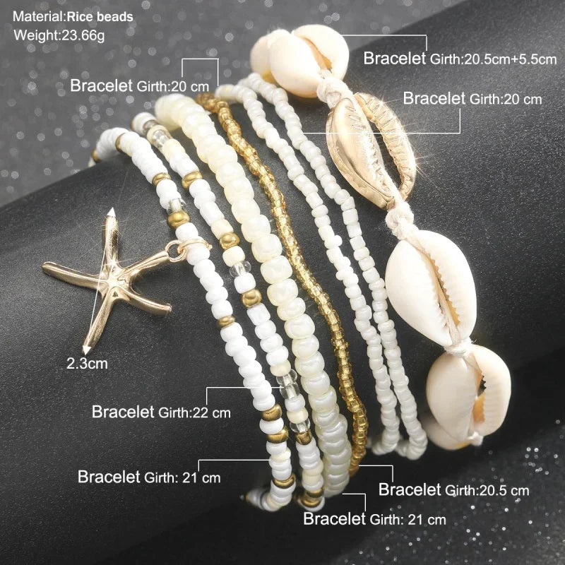 7PC/set Shell Starfish Pendant Rice Beads Beaded Women's Ankle Chain or Bracelet Summer Fashion Multi-layer Vintage Jewelry 도매