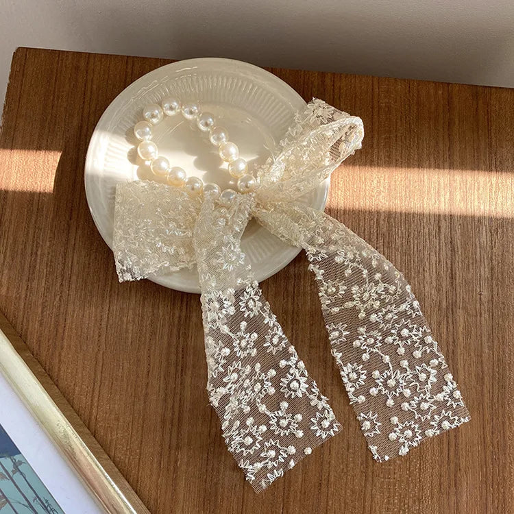 Elegant Lace Embroidery Bow Hair Ties Solid Color Retro Headdress Hair Ties Sweet Girls Princess Hair Accessories Gift