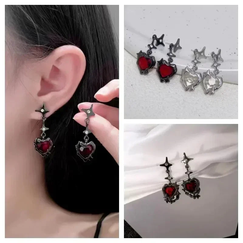 Y2K Goth Heart Cross Star Pendant Earrings for Women Red Zircon Love Earring Gothic Irregular Tassel Stud Earrings Halloween