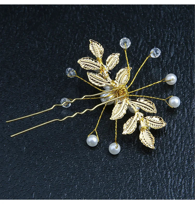 Pearl Flower Hairpin Side Comb Sets Wedding Hair Accessories Leaf Shaped Tiaras Bride Insert Hair Clip Jewelry Fashion Headwear