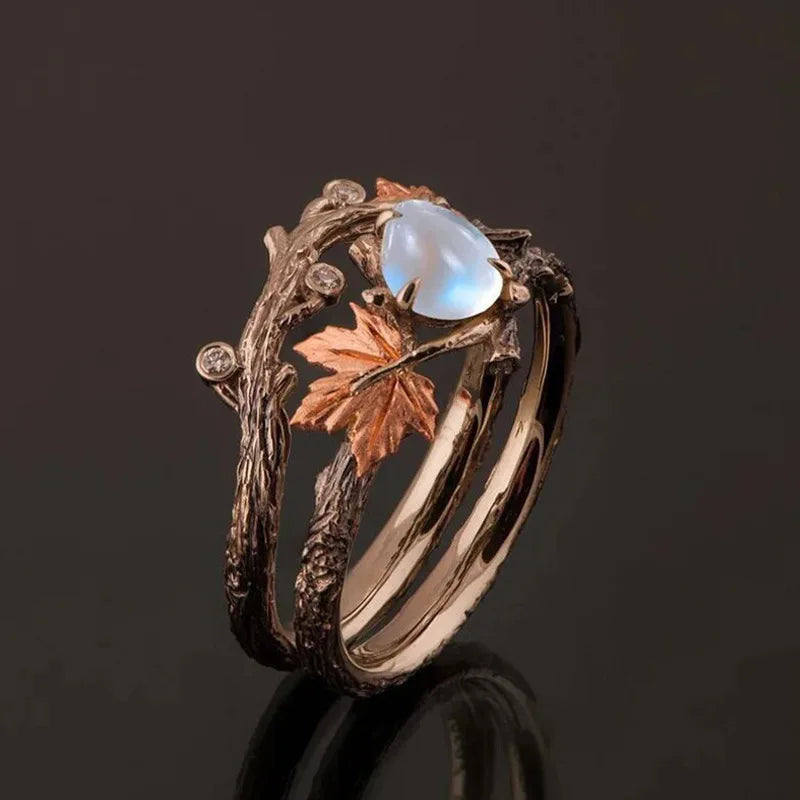 Vintage Antique Gold Twig Maple Leaf Moonstone Ring for Women Girls Light Luxury Ring Jewelry Accessories Anniversary Gifts