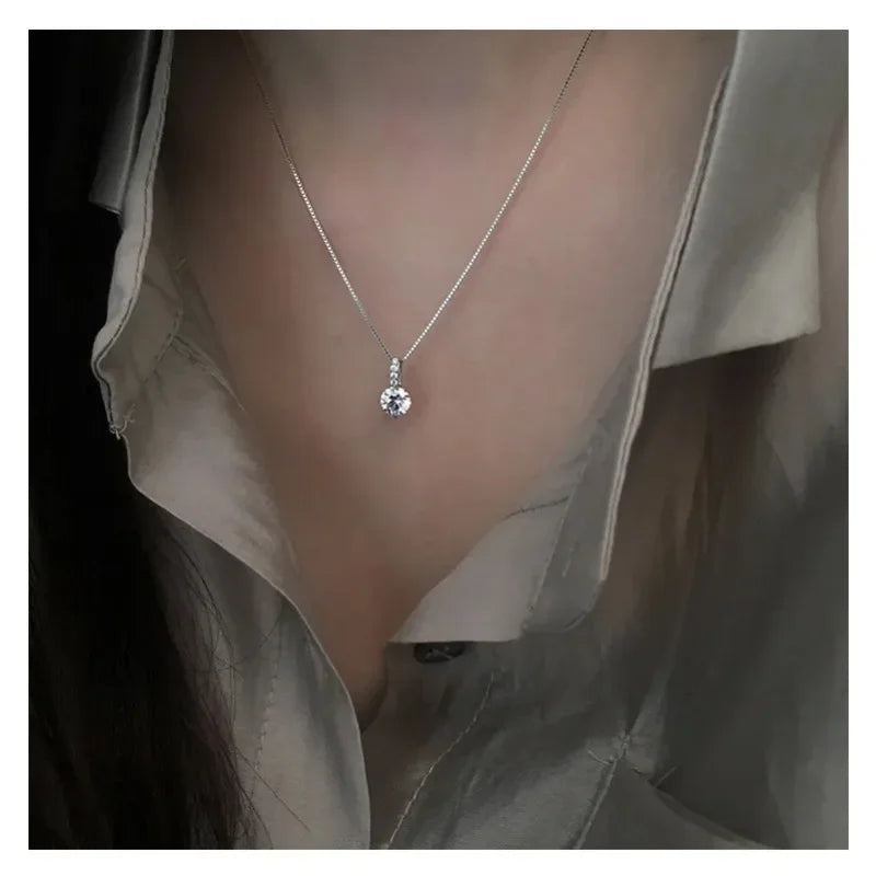 Fashion 925 Sterling Silver Round Zircon Necklace Minimalist Style Charm Choker Pendant Party Gift for Women's Fine Jewelry