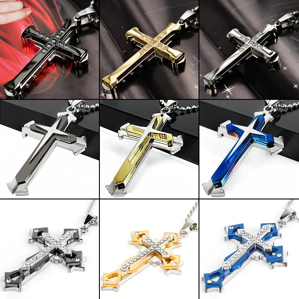 2025 Ins New Cross Pendant Necklace For Men Simple Cool Zircon Black Gold Color Stainless Steel Chain Hip Hop Punk Jewelry Gift