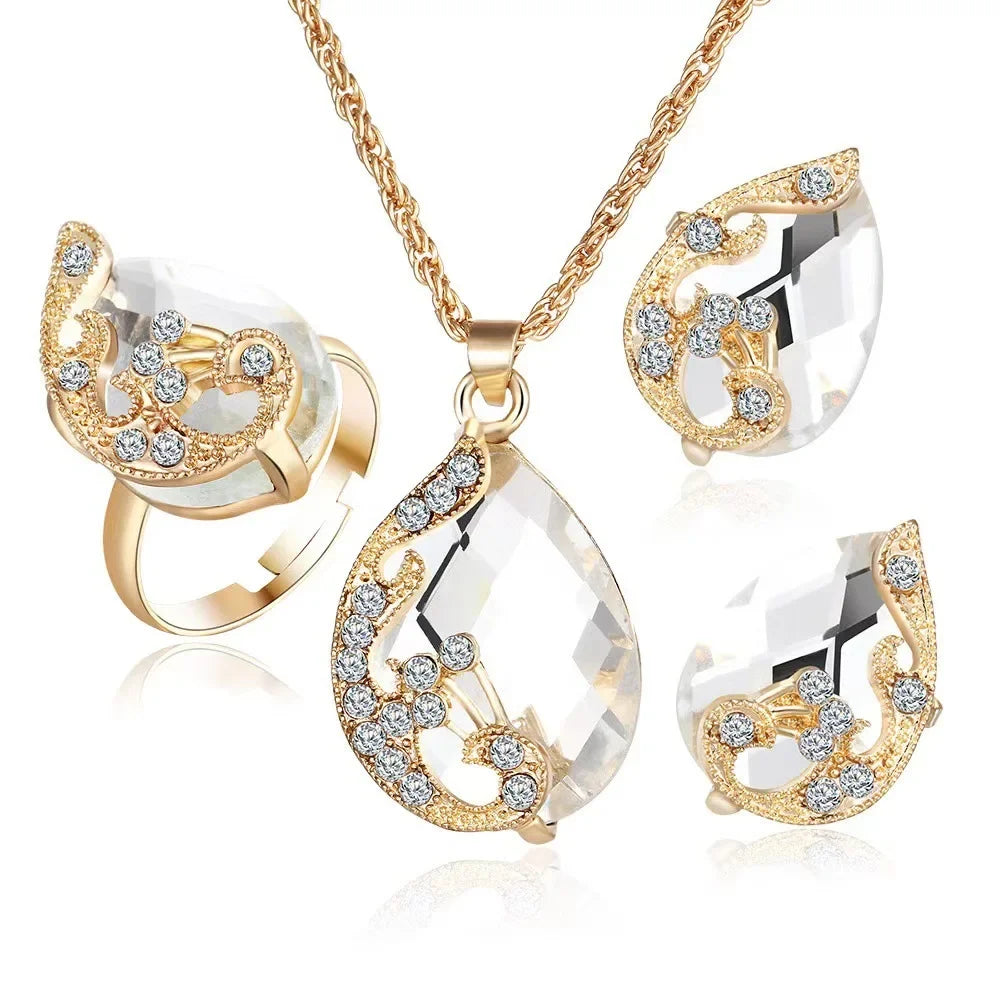4PCS Trendy Water Droplets Peacock Jewelry Set Crystal Elegant Creative Series Peacock Exquisite Crystal Korean Edition Jewelry