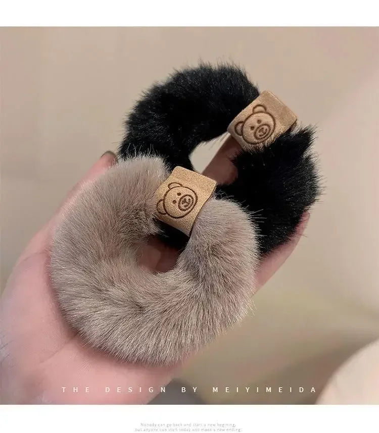 Autumn and Winter Plush Cute Bear Towel Ring Hair Tie Korean Style Hair Accessories Headband Thick High Elastic Hair Rope