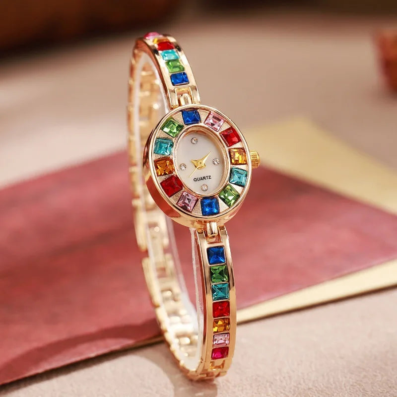 Dropshipping Women Quartz Watches New Fashion Rainbow Rhinestone Strap Oval Dial Bracelet Watch Wholesale Wristwatches Reloj