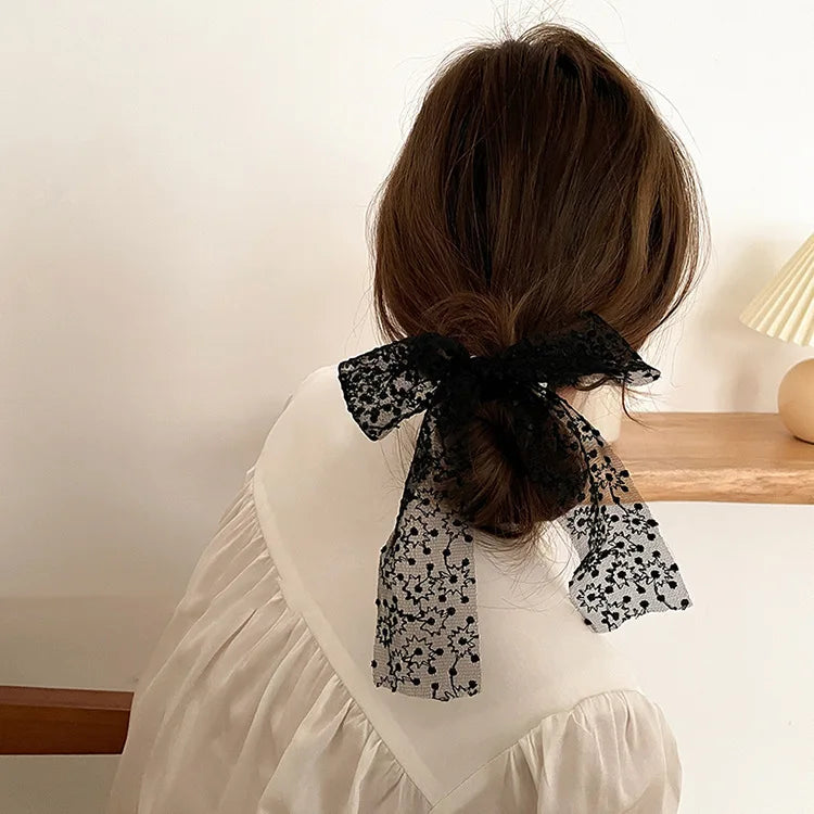 Elegant Lace Embroidery Bow Hair Ties Solid Color Retro Headdress Hair Ties Sweet Girls Princess Hair Accessories Gift