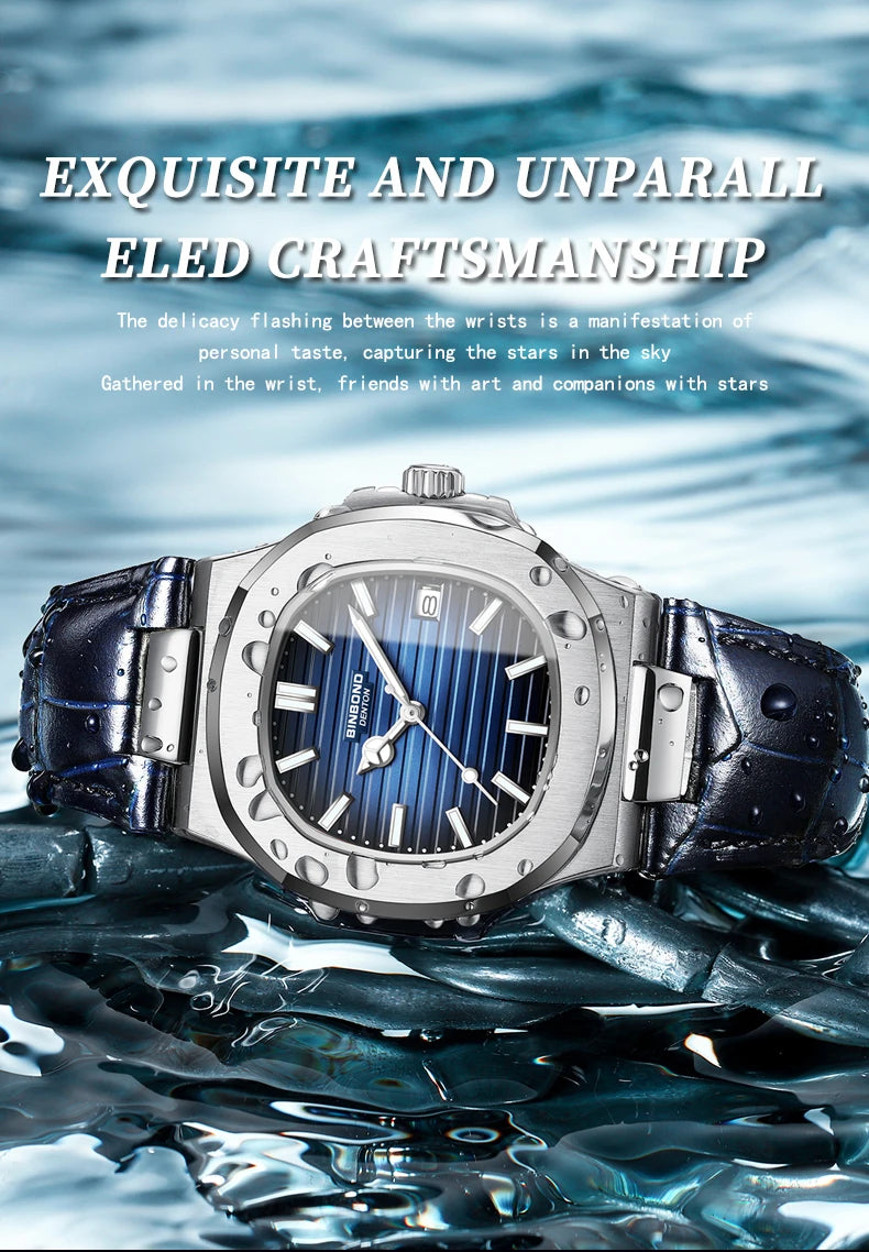 BINBOND Top Luxury Square Man Watch Date Waterproof Luminous Watch High Quality Leather Quartz Men's Watches Relogio Masculino