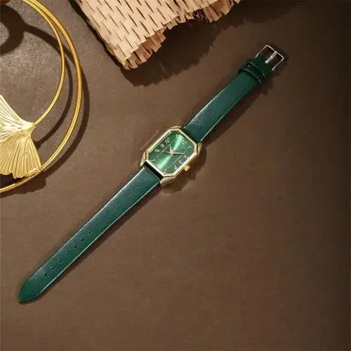 2024 New Leisure Fashion Leather Women's Business Square Quartz Watch Korean Rhinestone Jewelry Set Reloj Mujer Elegante