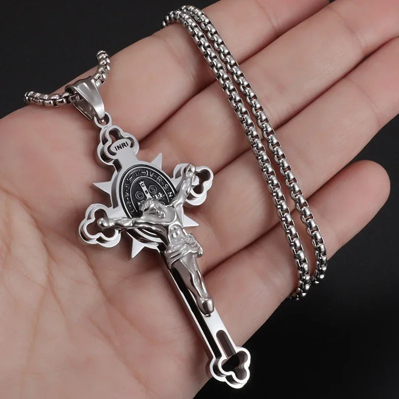 Vintage Catholic Cross Pendant Necklace Men Women Christian Believers Prayer Amulet Jewelry