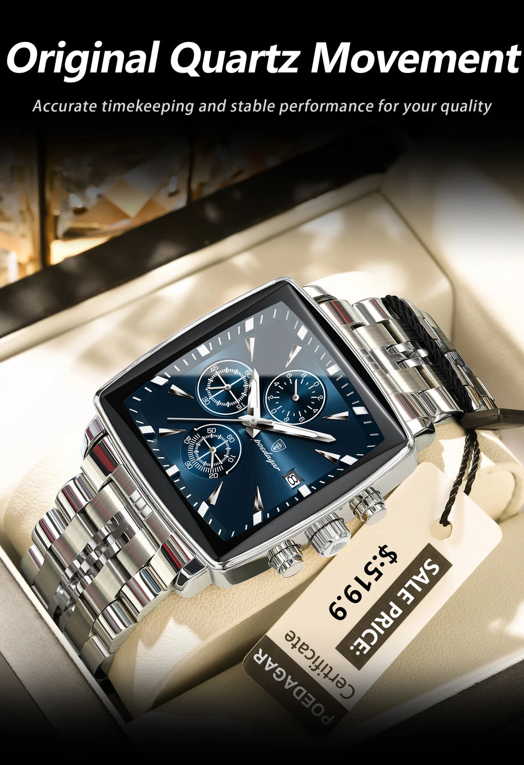 POEDAGAR Square Men Watch Waterproof Luminous Chronograph Calendar Man Wristwatch Stainless Steel Quartz Men's Watches+Box Reloj
