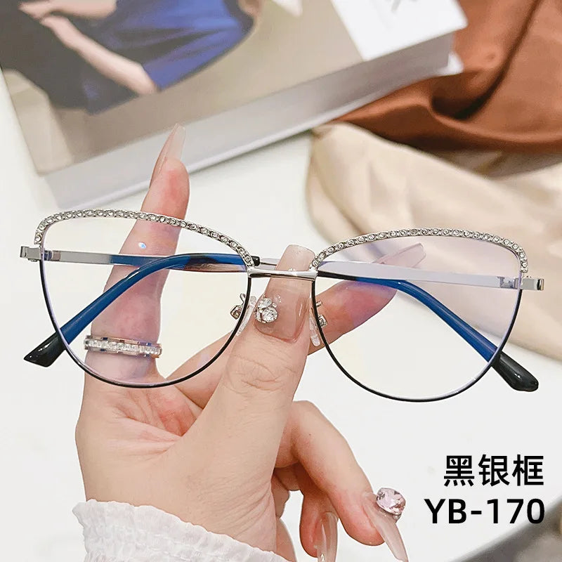 New Metal Anti Blue Light Glasses Fashionable Cat Eye Flat Lenses Large Frame Computer Eyeglasses Oculos De Grau Feminino