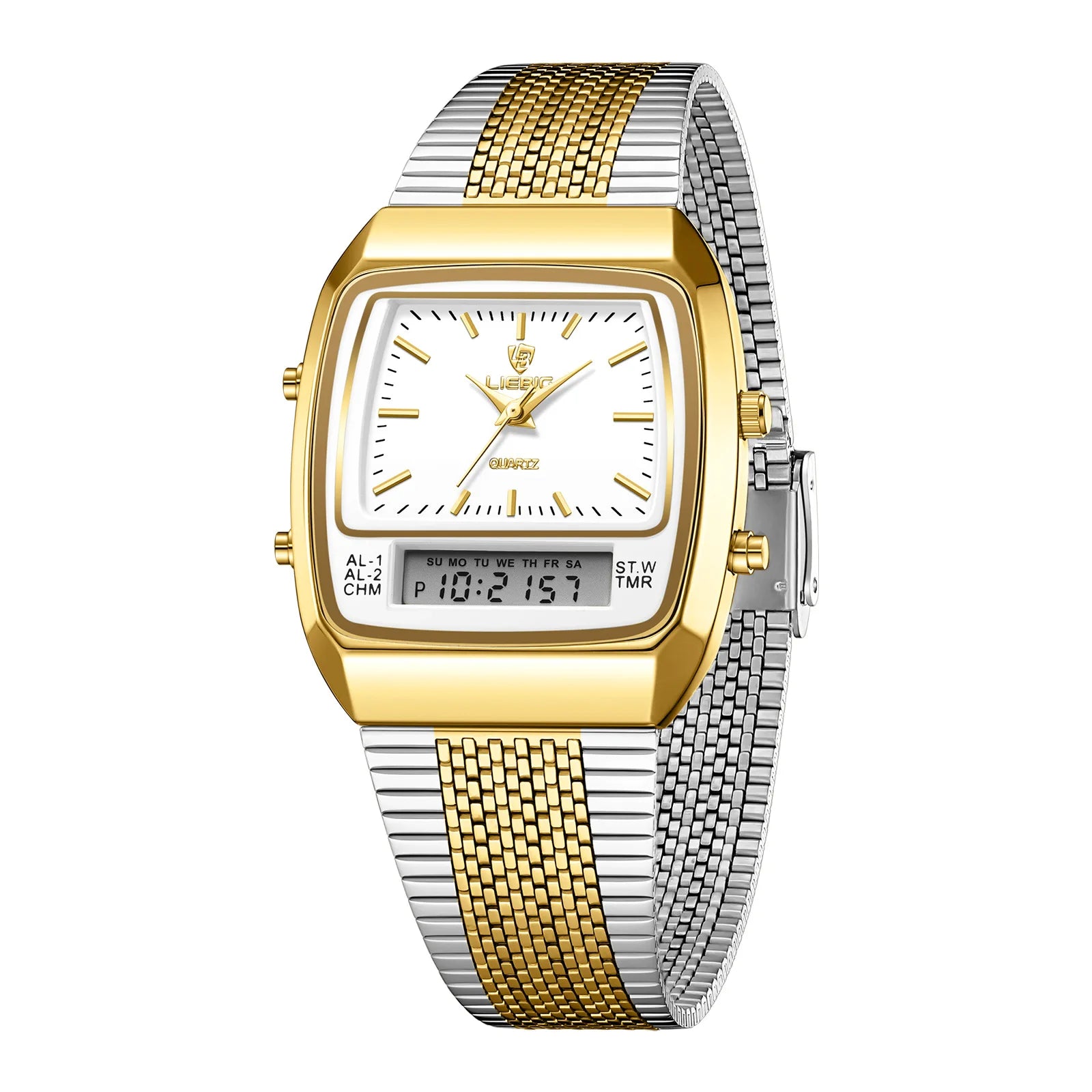 New Golden Steel Strap Quartz Sport Watch Mens Dual Time Week Display Digital Wristwatches Waterproof Clock Reloj Hombre