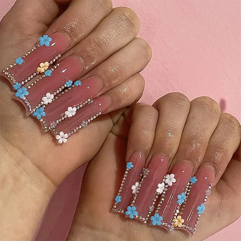 24Pcs Sweet Cool Spice Girl Press on Nails Black French Bow False Nails Y2k Star Glitter Diamond Nail Long Square Gel Fake Nails