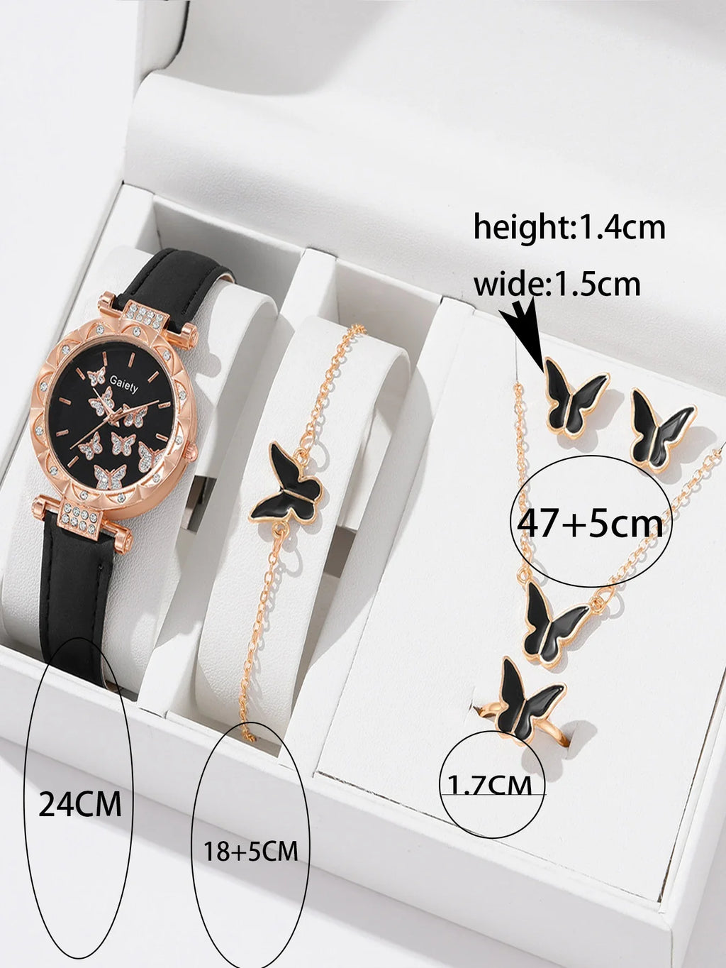 6pcs Luxury Watches Women's Ring Necklace Earrings Bracelet Set Watch Butterfly Leather strap Women's Quartz Watch No case