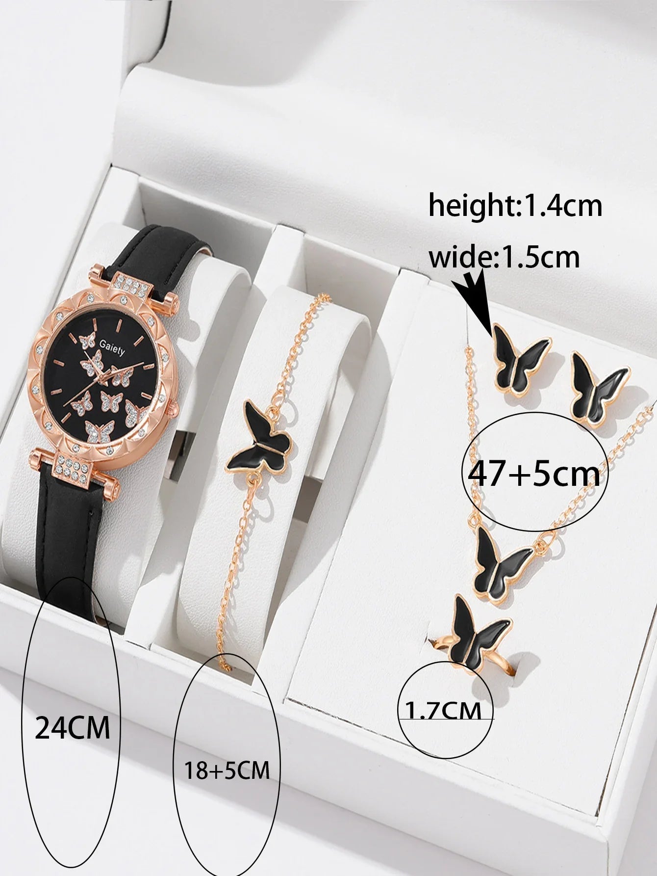 6pcs Luxury Watches Women's Ring Necklace Earrings Bracelet Set Watch Butterfly Leather strap Women's Quartz Watch No case