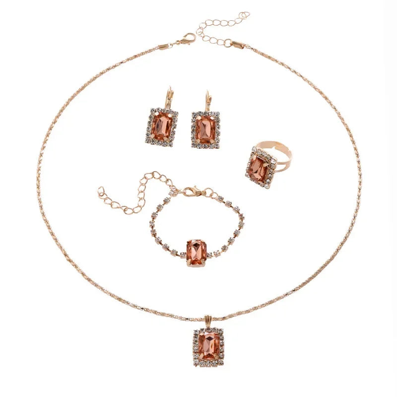 5PCS Zircon Jewelry Set Geometric Square Zircon Necklace Bracelet Ring for Women's Clavicular Chain Fashion  Jewelry Set