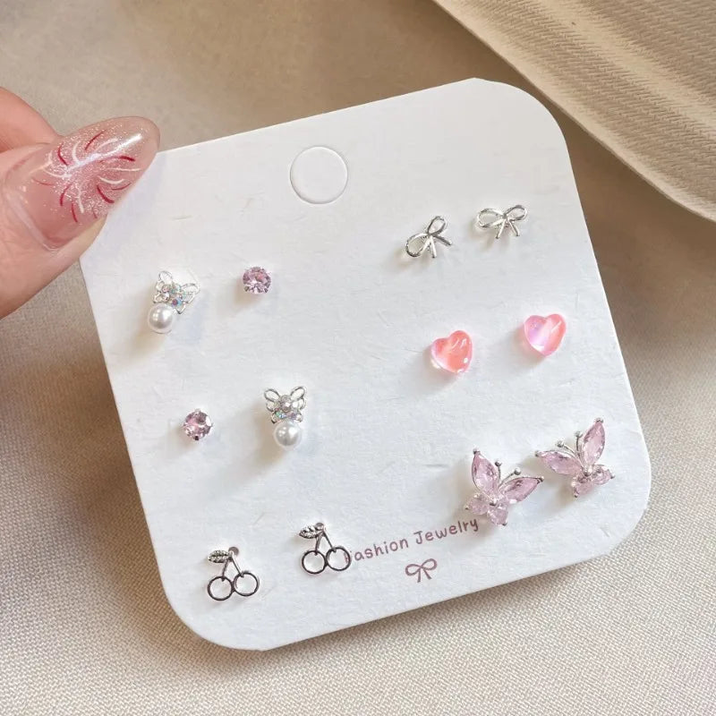 Cute 6/7Pair Set Butterfly Heart Stud Earrings for Women Girl Exquisite Party Dailywear Jewelry Birthday Gift Simple Accessories
