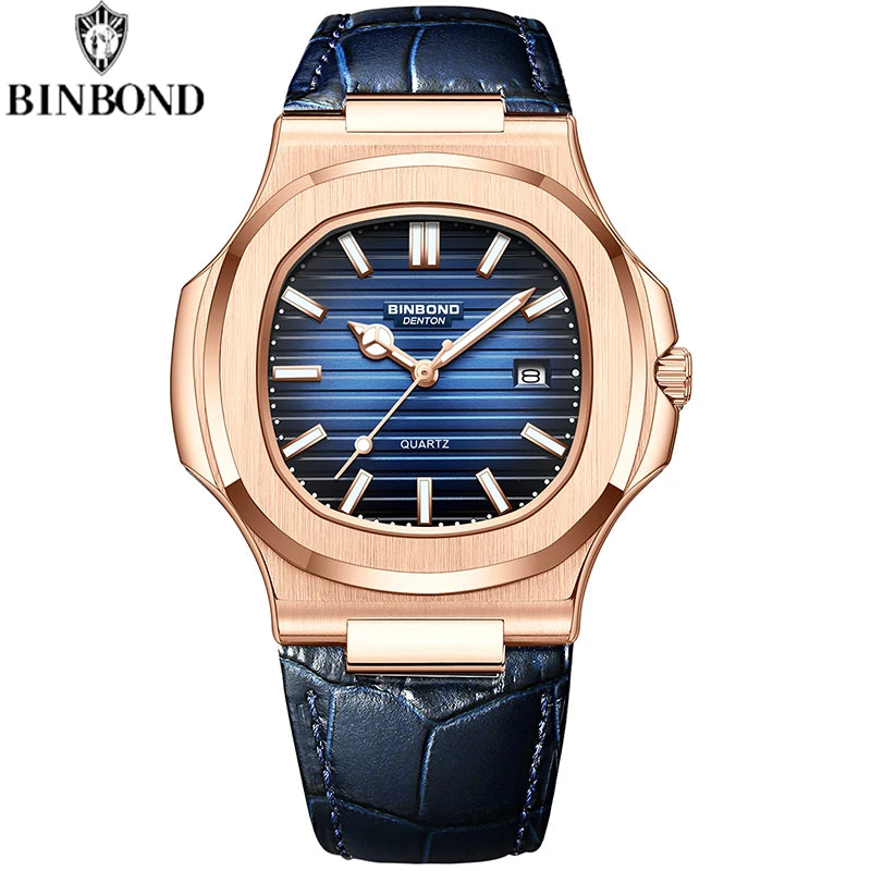 BINBOND Top Luxury Square Man Watch Date Waterproof Luminous Watch High Quality Leather Quartz Men's Watches Relogio Masculino