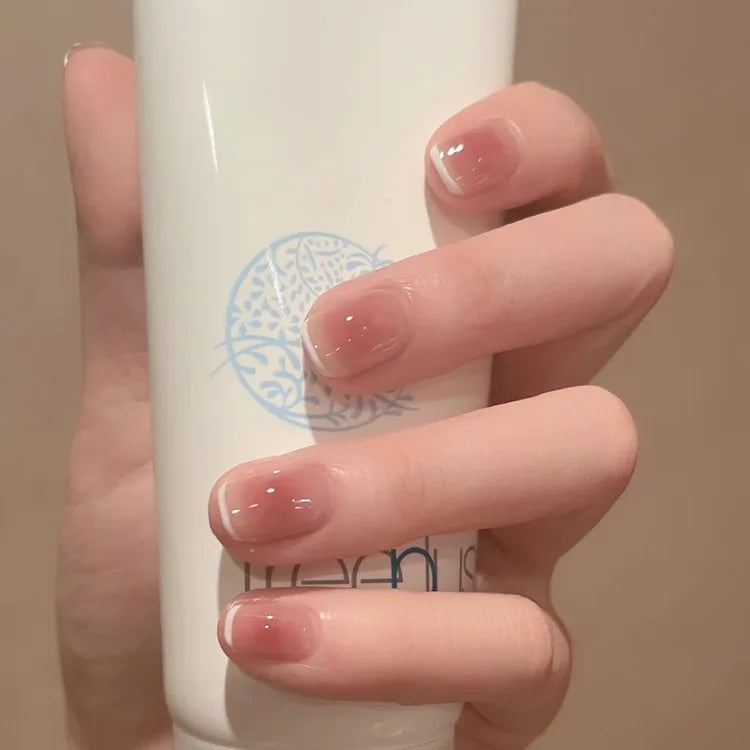 24pcs Suqare Head Press on Nails Cat Eye False Nails with Glue Simple French Nail Full Cover Glossry Nude Artificial Fake Nails