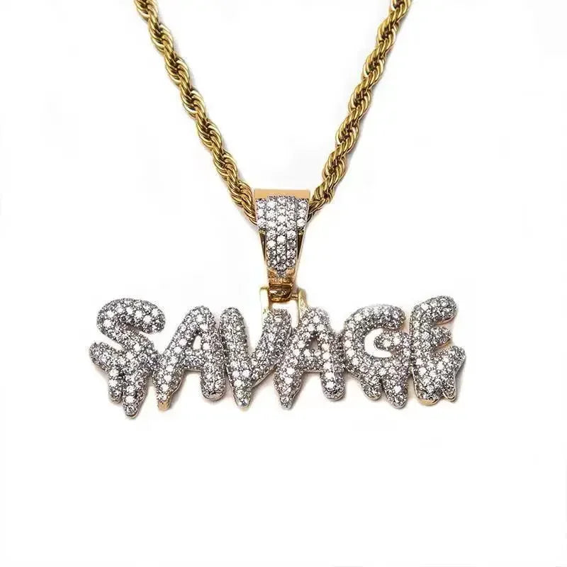 Iced Out Letter Savage Pendant Shiny Bing Cubic Zirconia Hip Hop Necklace Men\\\'s Cool Rock Rap Trend Jewelry