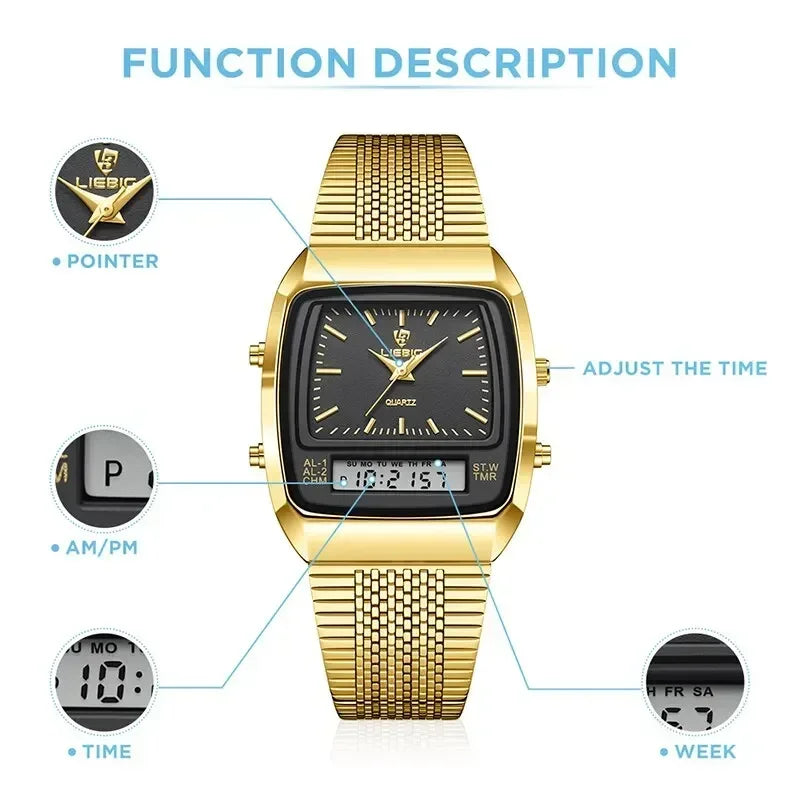 New Golden Steel Strap Quartz Sport Watch Mens Dual Time Week Display Digital Wristwatches Waterproof Clock Reloj Hombre