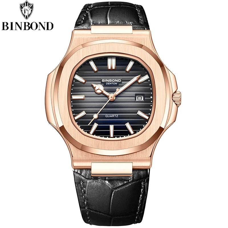 BINBOND Top Luxury Square Man Watch Date Waterproof Luminous Watch High Quality Leather Quartz Men's Watches Relogio Masculino