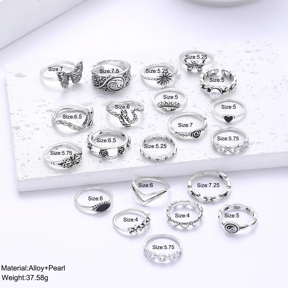 21pcs Set Punk Style Butterfly Heart And Tai Chi Design Multi-element Snake Rings Set