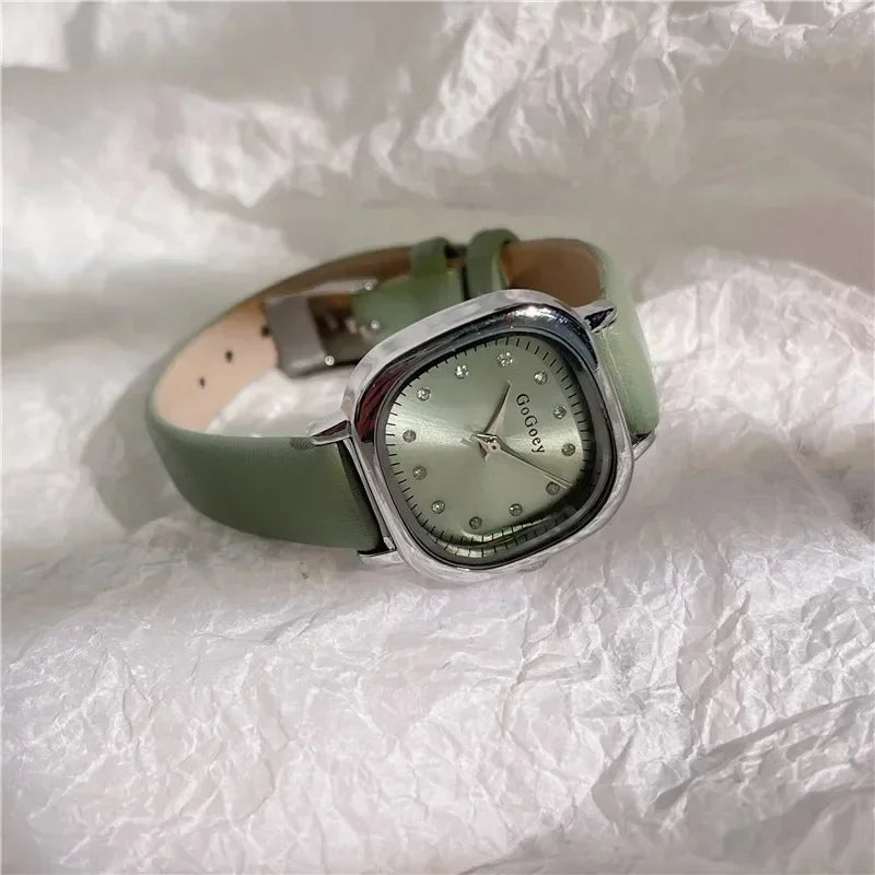 Luxury Women Quartz Watch Leather Strap Small Square Dial Green Watch Casual Fashion Versatile Vintage Wristwatches Dropshipping