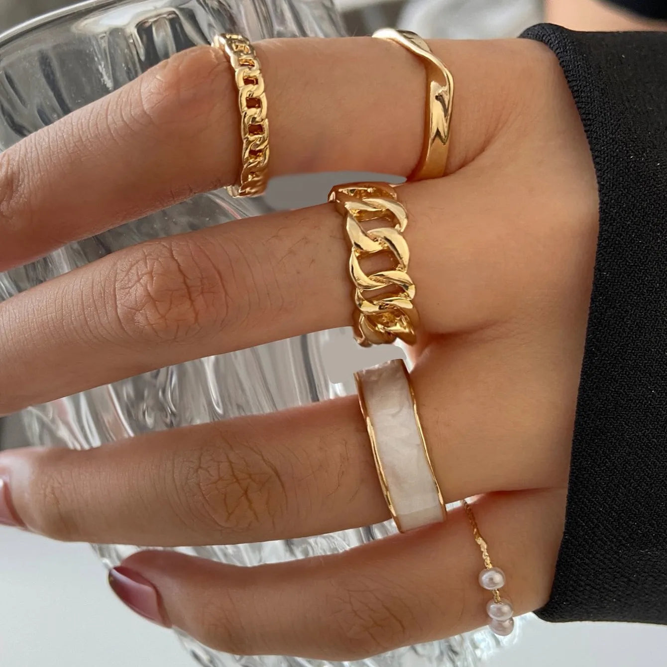 Vintage Korean Gold Silver Color Pearl Rings Set Jewelry For  Girls Butterfly Hollow Heart  Ring For Women Accessories