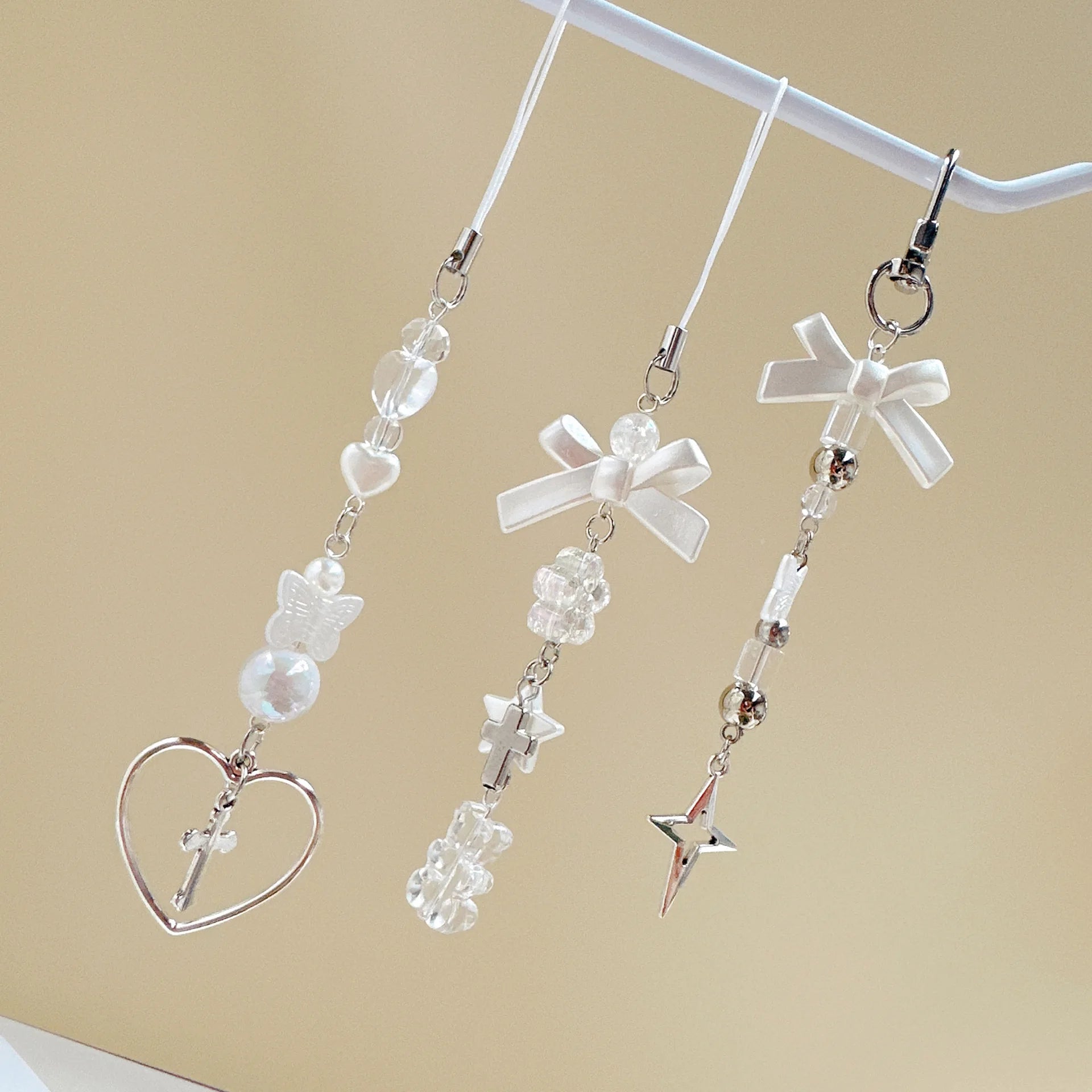 Candy Color Pearl Bowknot Phone Chain Sweet Bear Heart Pendant Earphone Case Anti-Lost Lanyard Bag Decor
