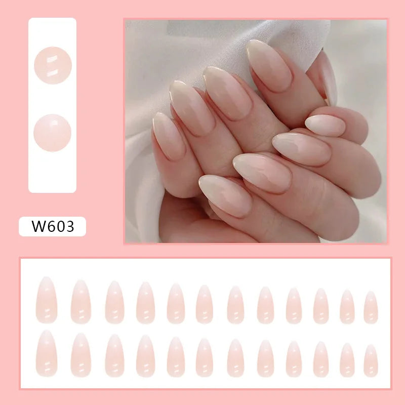 Sweet French 24 Pcs Press on Nails Pink Gradient Fake Nails Glossy Artificial Finger Manicure Reusable False Nails for Women