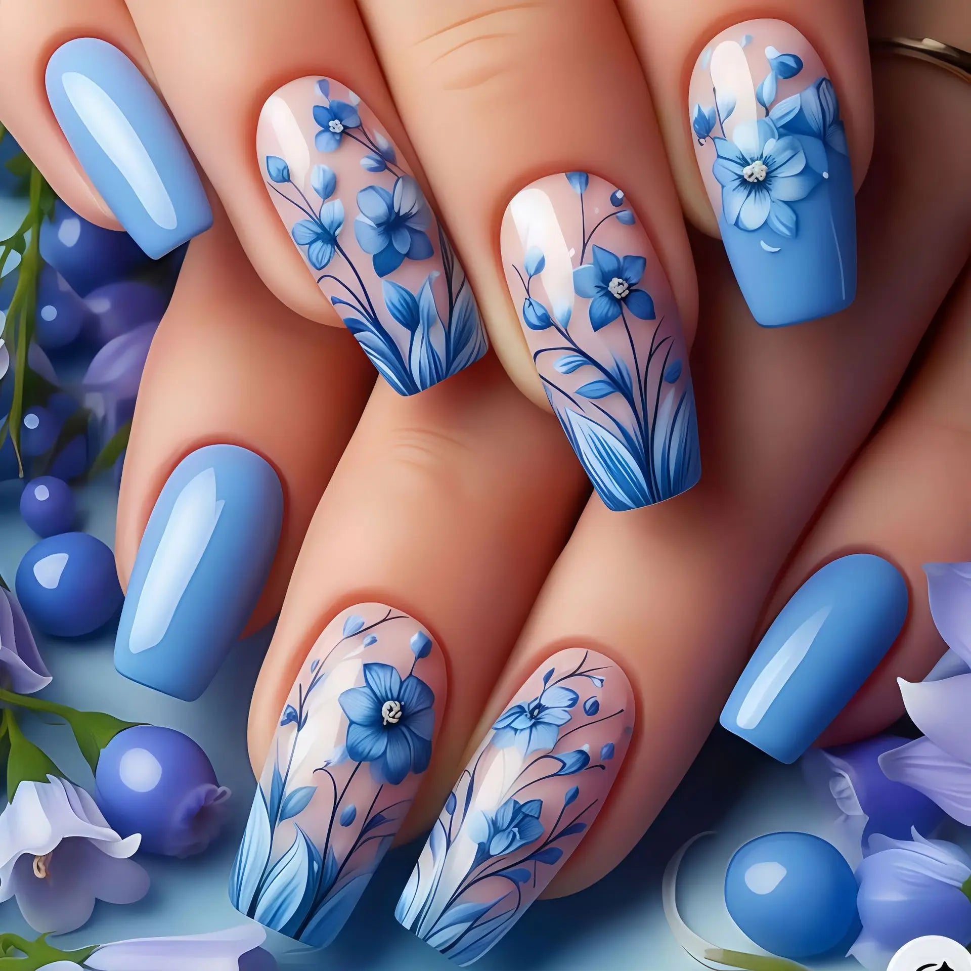 24pcs Mini Flower Press on Nails with Glue Painting Floral Acrylic Fake Nails Spring Design Short Square False Nails for Girls