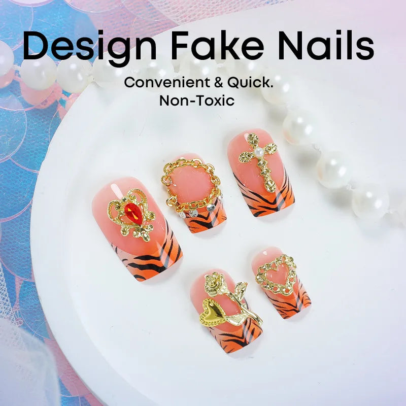 24pcs French Fake Nails with Glue Animal Print False Nails Short Square Press on Nails Diamond Cross Nail Press Ons Sweet Cool
