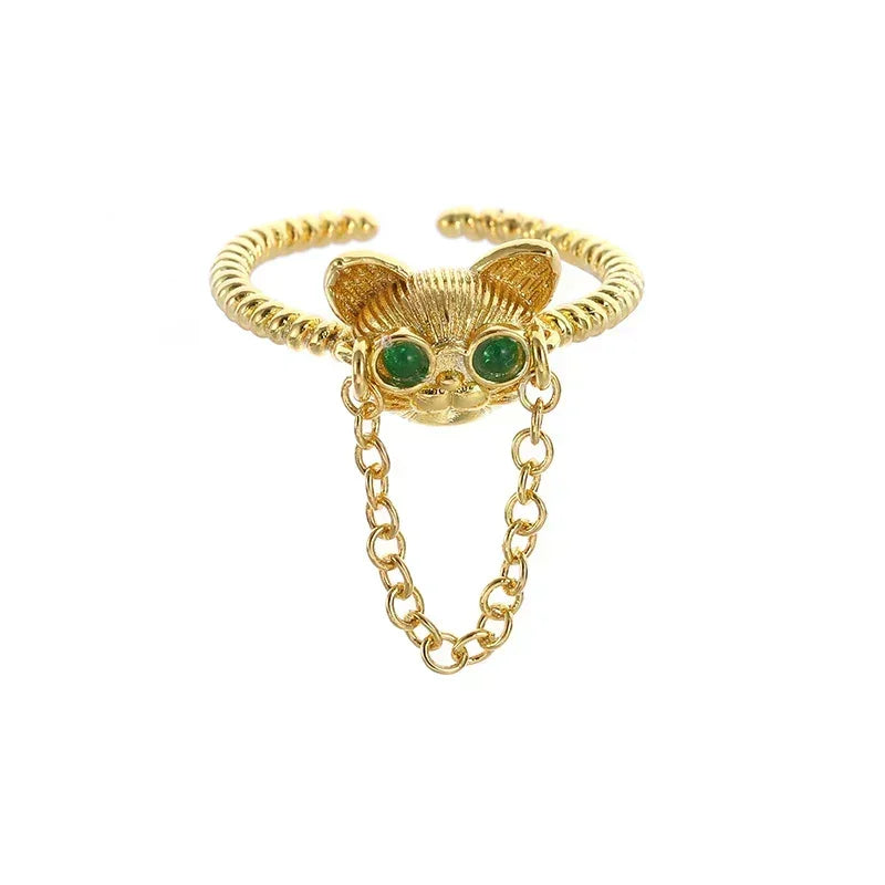 Gold Color Cute Cat Head Chain with Glasses Ring Green Zircon Animal Dog Adjustable Ring Men and Women Hip Hop Trendy Jewelry