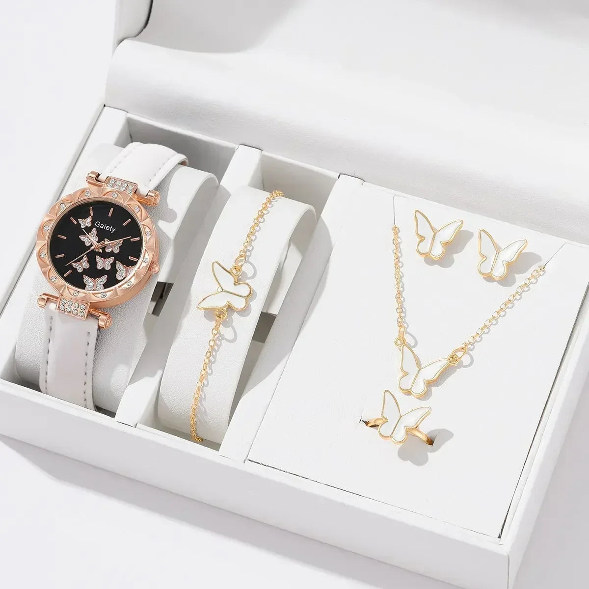 1/6PCS Set Luxury Watch Women Ring Necklace Earrings Rhinestone Fashion Wristwatch Ladies Casual Watches Bracelet Set Clock