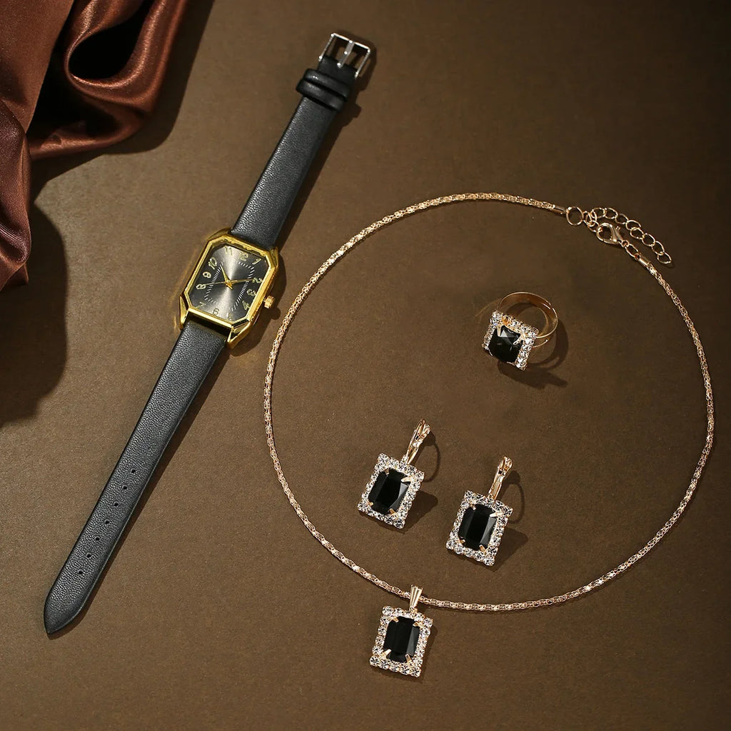 2024 New Leisure Fashion Leather Women's Business Square Quartz Watch Korean Rhinestone Jewelry Set Reloj Mujer Elegante