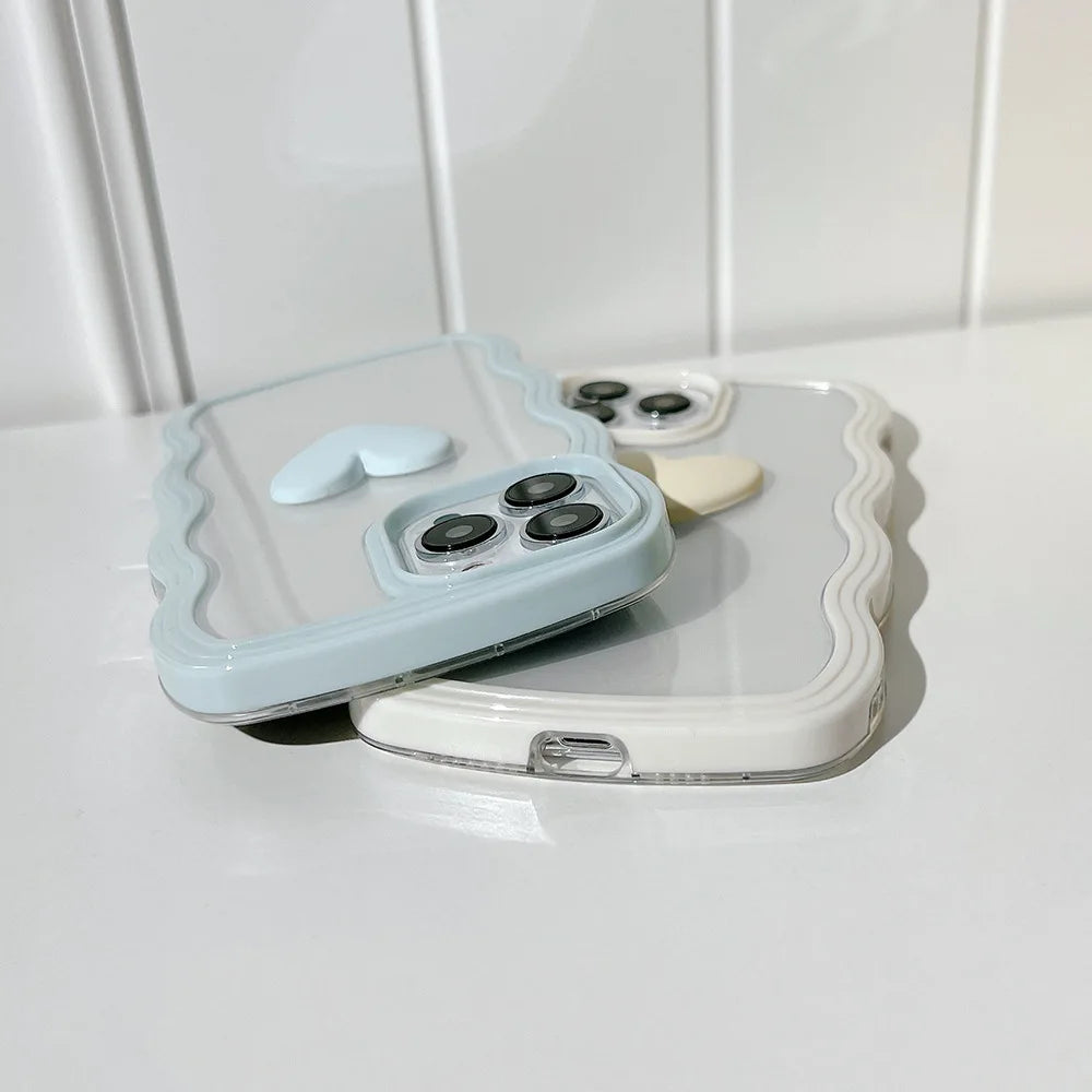 Wave Frame Cover For iPhone 15 11 14 12 13 Pro Max X XR XS Max 7 8 14 15 Plus SE 2020 2022 3D Love Heart Transparent Case Ccover