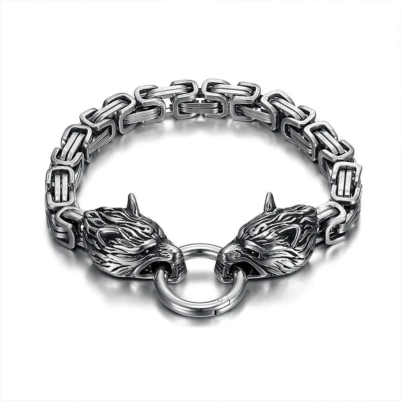 Nordic  Celtic Double Wolf Head Men's Stainless Steel Chain Bracelet Byzantine King Chain Punk Rock Party Jewelry